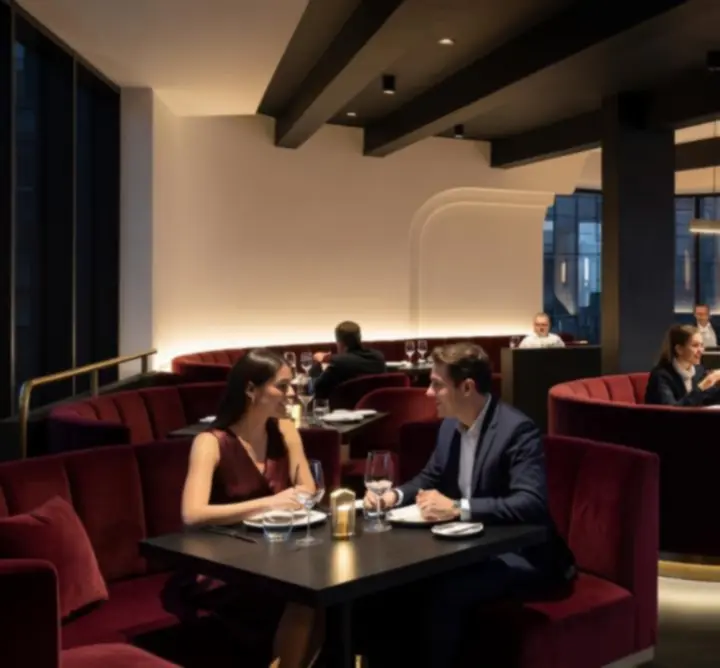 Cinematic view of Bella Australia's dining room with intimate lighting and modern interiors.