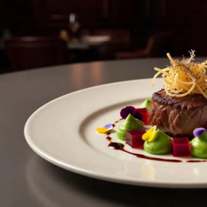 Chef's signature plated dish at Bella Australia in cinematic lighting.