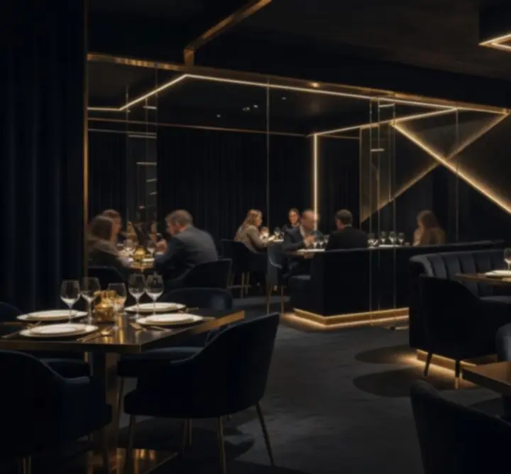 Atmospheric evening dining room at Bella Australia with warm lighting and guests enjoying dinner.
