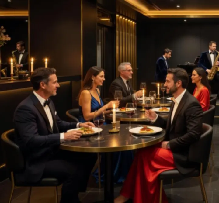 Guests enjoying an elegant evening event with warm lighting and live entertainment at Bella Australia