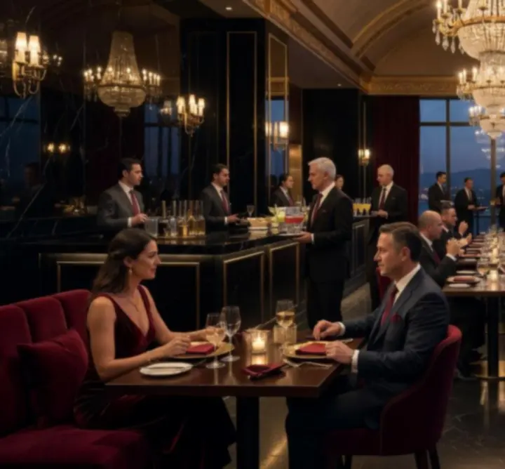 Cinematic evening restaurant scene at Bella Australia with warm lighting and elegant table settings.