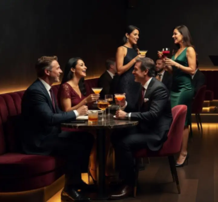 Cinematic evening lounge with guests enjoying cocktails and live entertainment at Bella Australia.