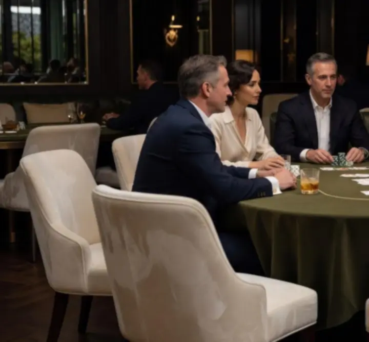 Intimate private poker table with cards and chips arranged under warm evening light.