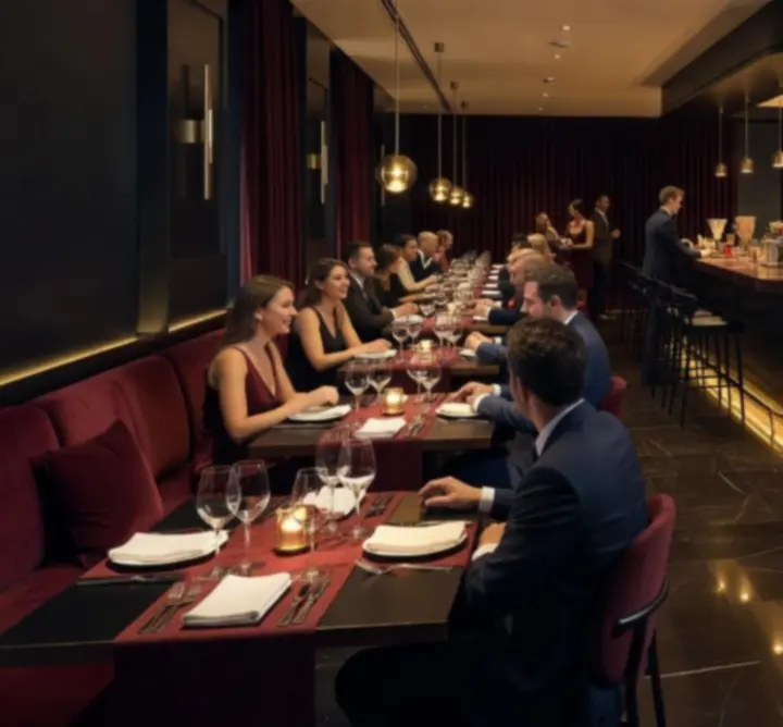 Elegant evening service at Bella Australia with moody lighting and guests dining.