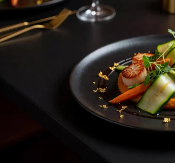Artfully plated signature dishes at Bella Australia on a dark table with cinematic lighting.