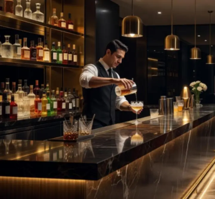 Evening bar scene at Bella Australia with golden lighting and guests mingling